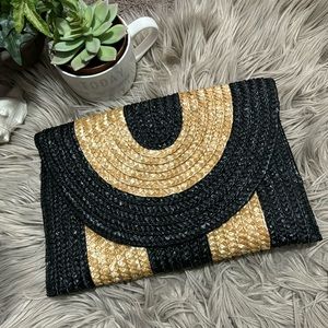 Wheat Straw FoldOver Clutch-Black/Natural Stripes
